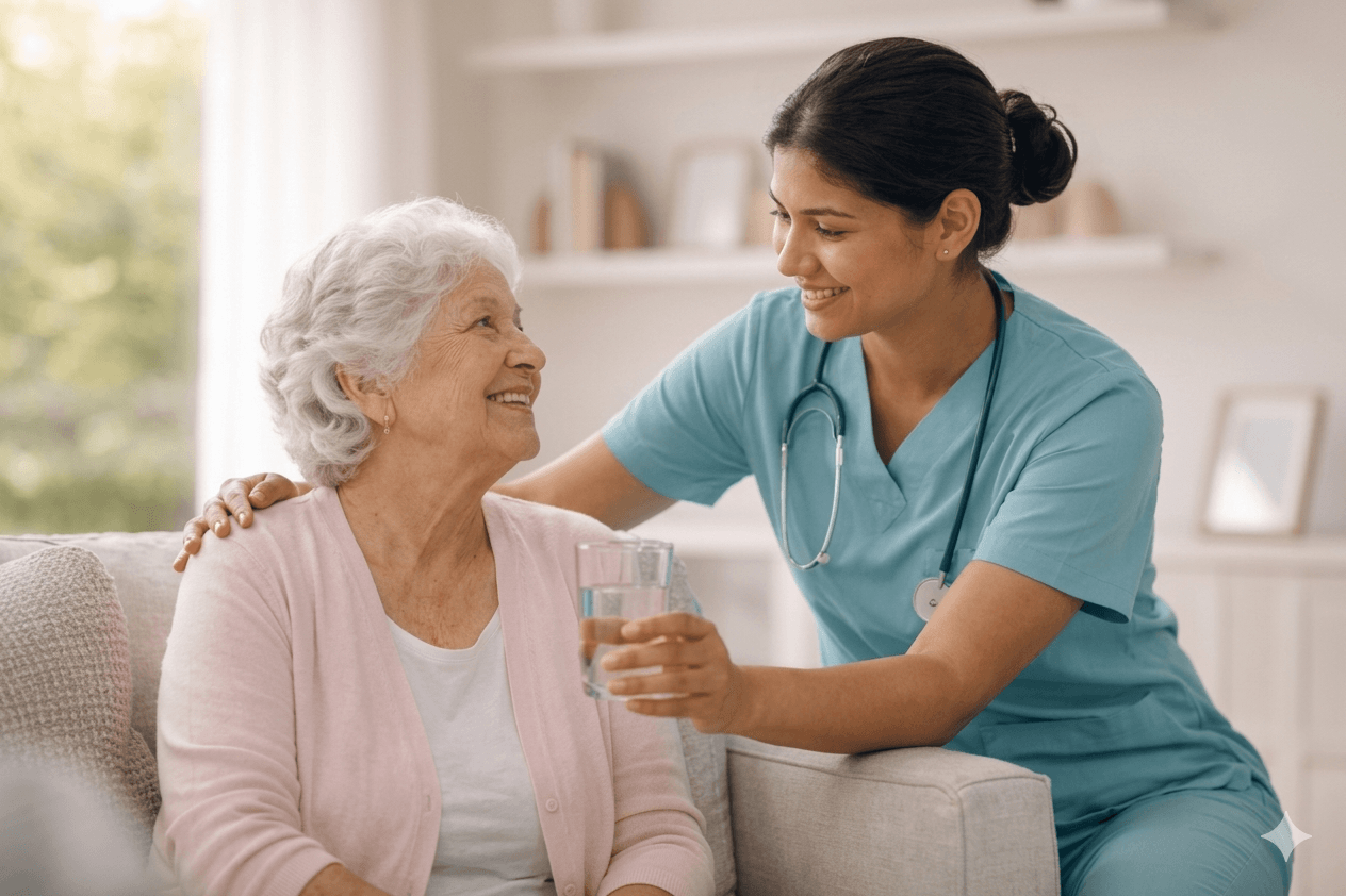 Professional caregiver supporting elderly patient at home
